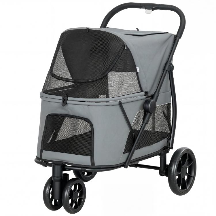 Gray 3-wheel pet stroller with mesh side panels, canopy, and rear viewing window