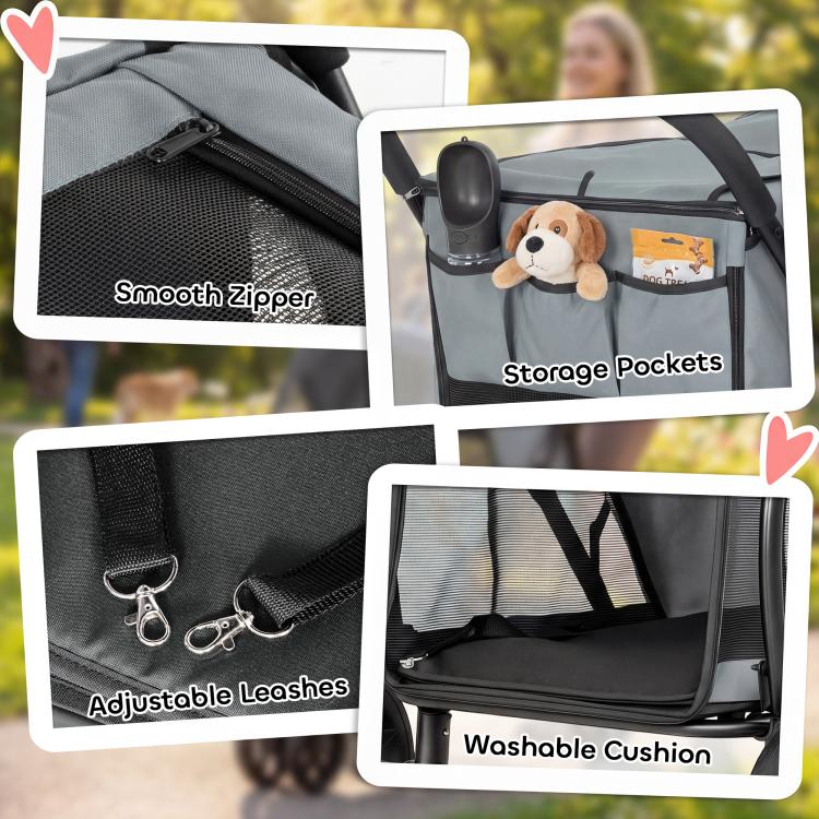 3-wheel gray pet stroller with mesh window, zipper, storage pockets, washable cushion