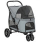 3-wheel gray pet stroller with mesh canopy and front swivel wheels