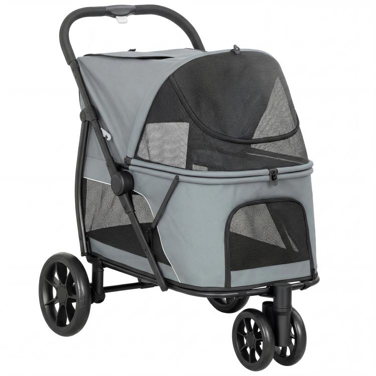 3-wheel gray pet stroller with mesh canopy and front swivel wheels