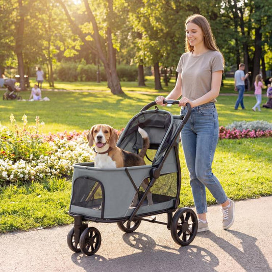 Gray 3-wheel pet stroller on pavement with mesh front window and padded seat