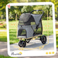 Gray pet stroller with mesh canopy and side door, shown with wheel base visible