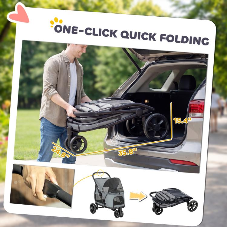 Gray pet stroller shown in folded/open transition with black frame and large wheels