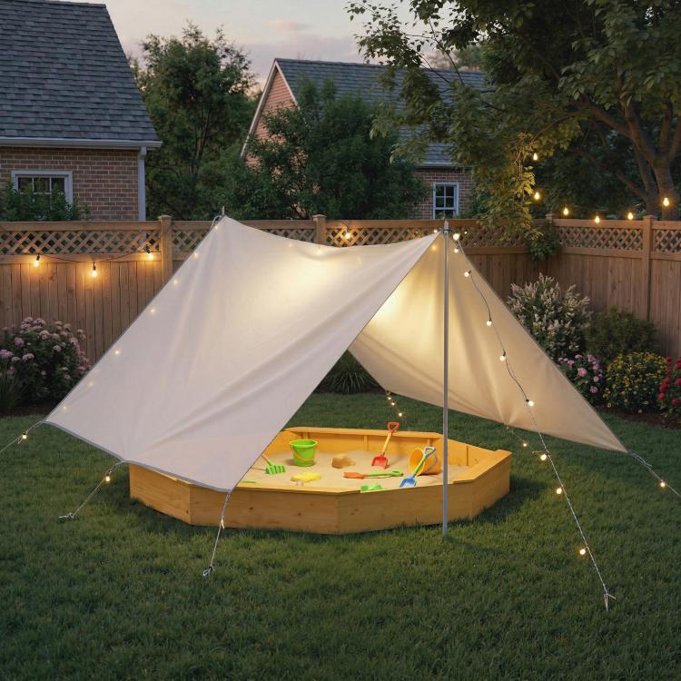 Yellow wooden sandbox with white canopy, support poles, and string lights