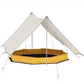 Yellow wooden sandbox with beige canopy tent, center pole, and hanging ropes