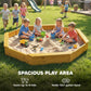 Yellow wooden sandbox with open sand bed and four bench seats; children playing.