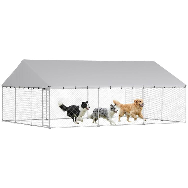 Outdoor dog kennel with gray waterproof roof and chain-link panels, dogs inside