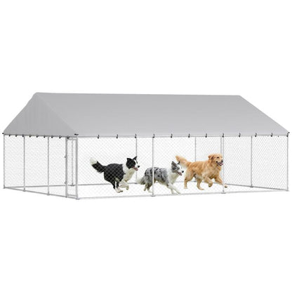 Outdoor dog kennel with gray waterproof roof and chain-link panels, dogs inside