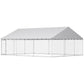 Outdoor dog kennel with gray roof cover and chain-link walls, front view