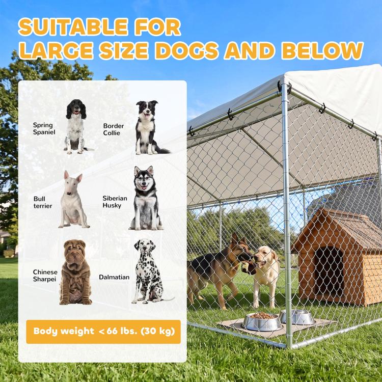 Outdoor chain-link dog kennel with waterproof roof and secure latches