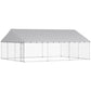 Rectangular outdoor chain-link dog kennel with gray frame and covered roof