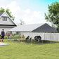 Outdoor dog kennel with chain-link fence and gray roof cover, side angle