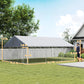 Outdoor chain-link dog kennel with gray roof cover and size layout markings