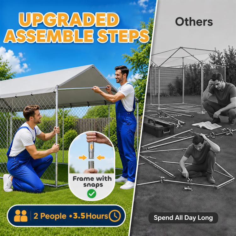 People assembling an outdoor chain-link dog kennel with gray roof frame