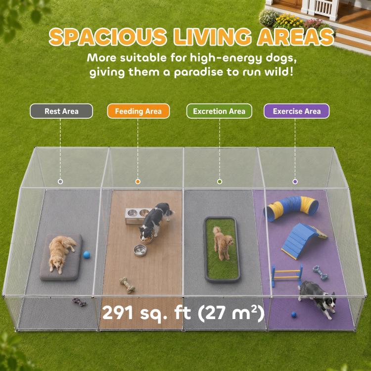 Spacious outdoor chain-link dog run with roof, divided sections and toys