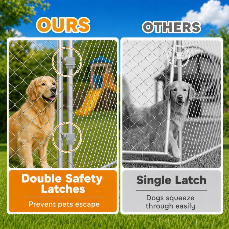 Chain-link dog kennel door with double latch hardware and side posts