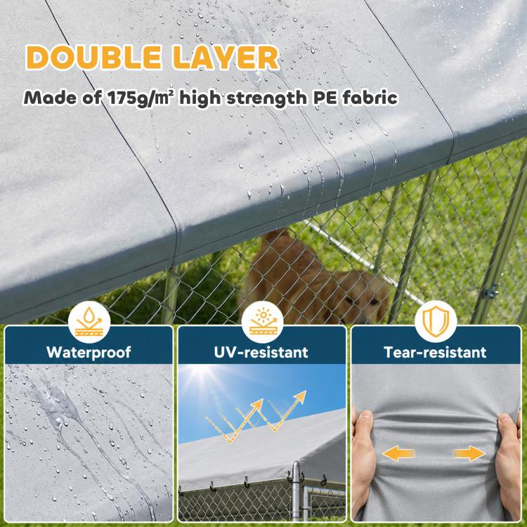 Gray waterproof roof fabric on an outdoor chain-link dog kennel