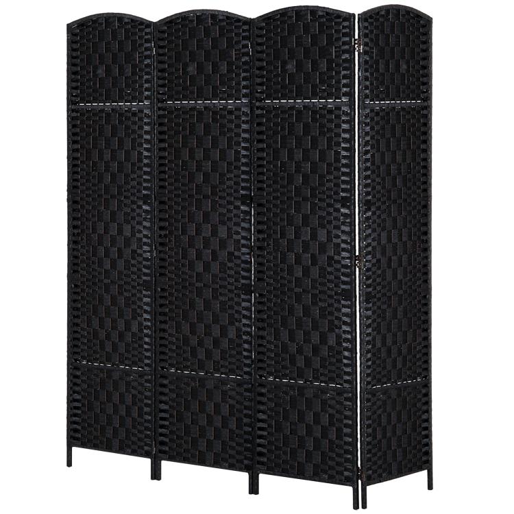 Black 4-panel folding room divider with woven diamond lattice pattern