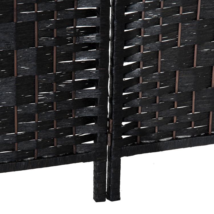 Black woven 4-panel room divider screen, hinged corner detail