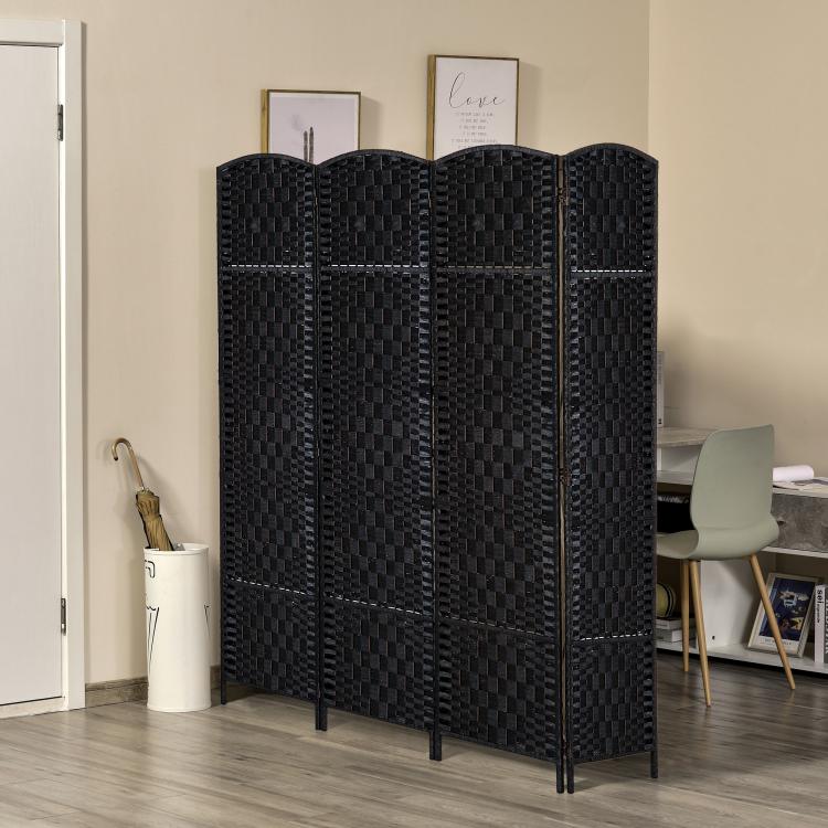Black 4-panel freestanding folding room divider with hand-woven lattice design