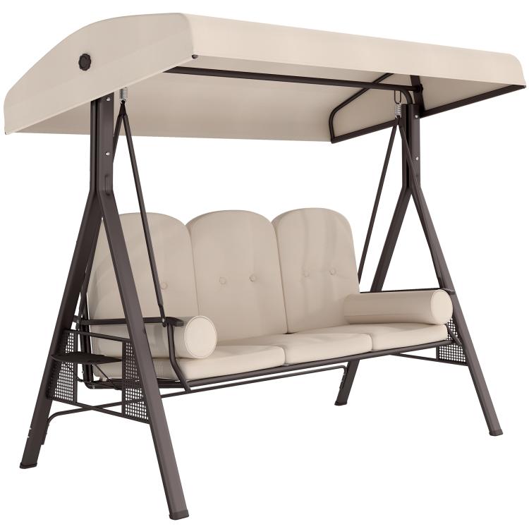 Beige 3-seat patio swing chair with adjustable canopy and padded cushions