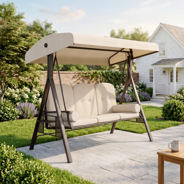 Beige 3-seat patio swing with canopy and removable padded seat cushion