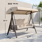 Beige 3-seat patio swing with canopy and cushions, with side arm pillow bolsters