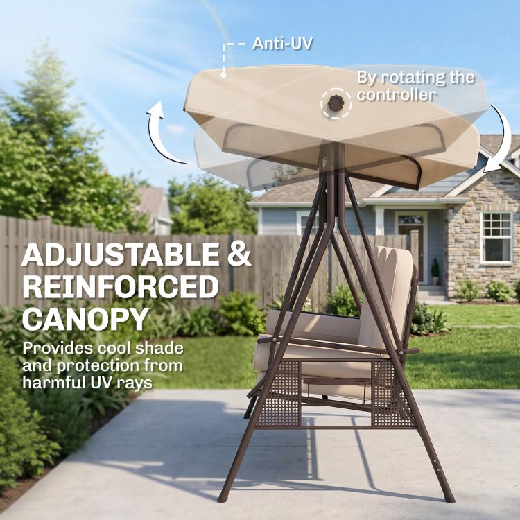 Beige 3-seat patio swing chair with adjustable canopy and sturdy steel frame