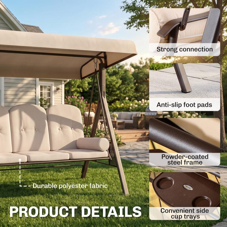 Beige 3-seat patio swing with canopy, cup holder side trays, and padded cushions