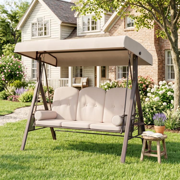 Beige 3-seat patio swing with canopy and padded cushions on metal frame
