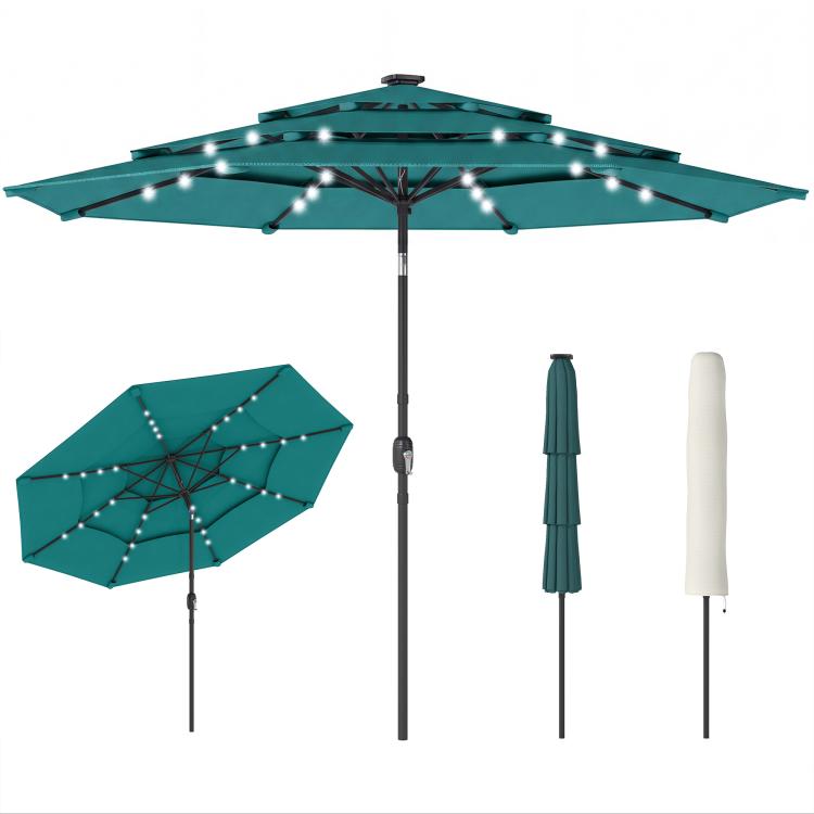 Teal three-tier outdoor patio umbrella with solar LED string lights, open canopy