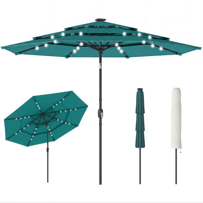 Teal three-tier outdoor patio umbrella with solar LED string lights, open canopy