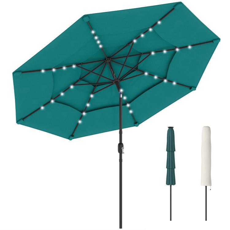 Teal three-tier patio umbrella with solar LED lights, tilted canopy and stand