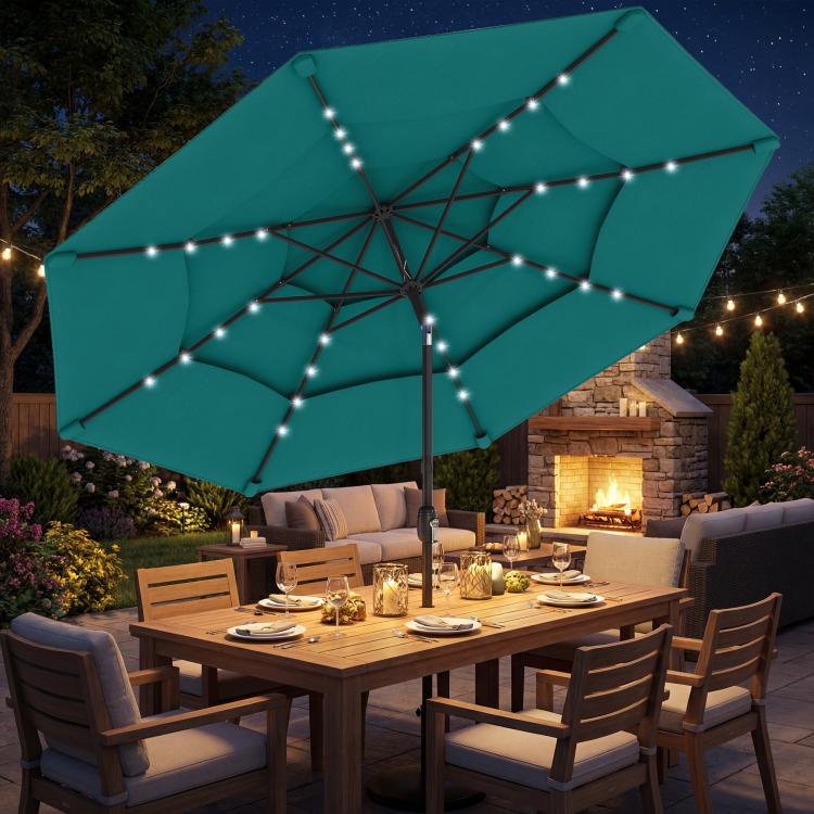 Teal 3-tier patio table umbrella with solar LED string lights and tilt pole