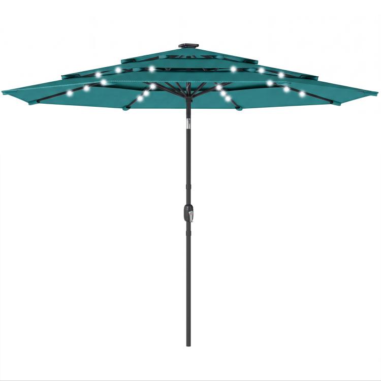 Teal 3-tier patio umbrella with solar LED lights across canopy ribs and central pole