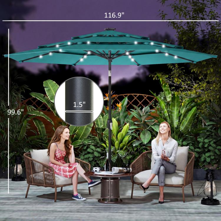 Teal outdoor patio umbrella with solar LED lights above seating, with size guide
