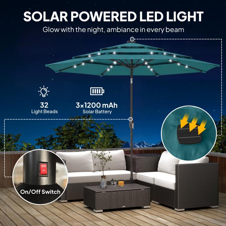 Teal solar-powered patio umbrella with glowing solar LED lights over outdoor seating