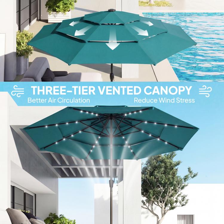 Teal three-tier vented patio umbrella with solar LED lights above poolside lounge