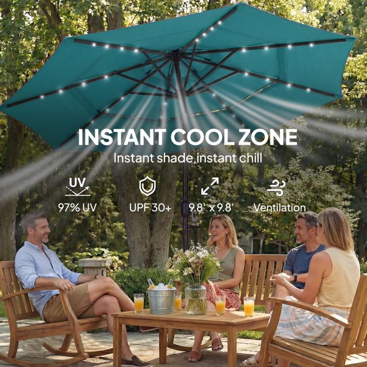 Teal outdoor patio umbrella with solar LED lights over people dining outdoors