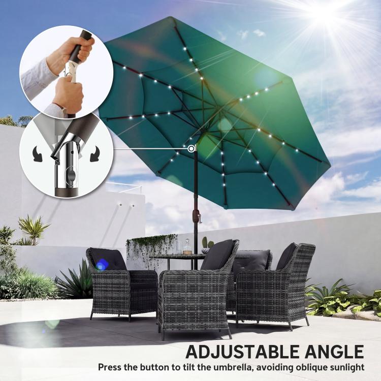 Teal outdoor patio umbrella with solar LED lights and adjustable tilt mechanism