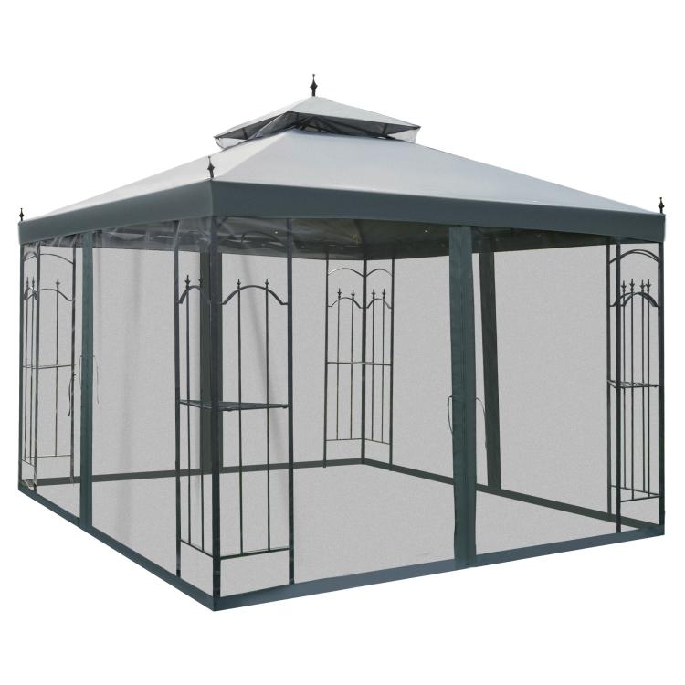 Gray steel outdoor gazebo with roof canopy and removable mesh curtain side panels