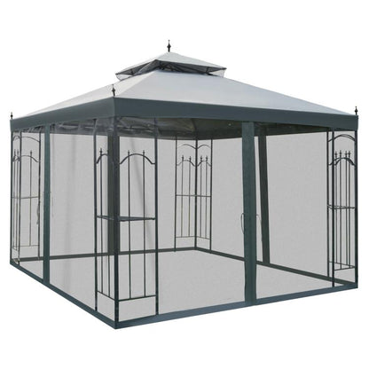 Gray steel outdoor gazebo with roof canopy and removable mesh curtain side panels