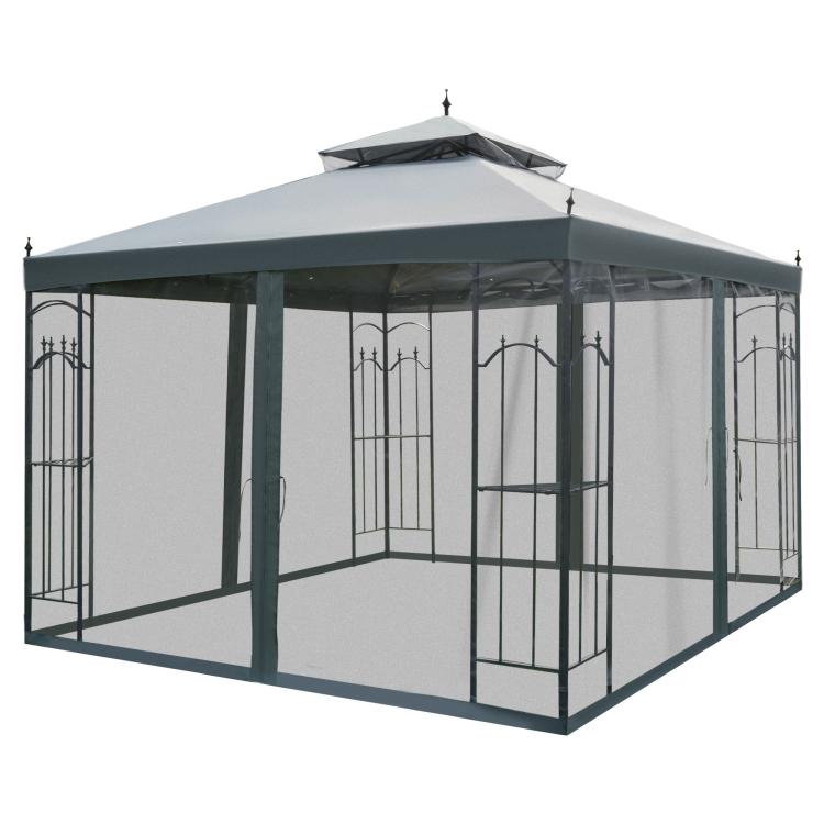 Gray steel outdoor gazebo with roof canopy and mesh curtain side panels, open front