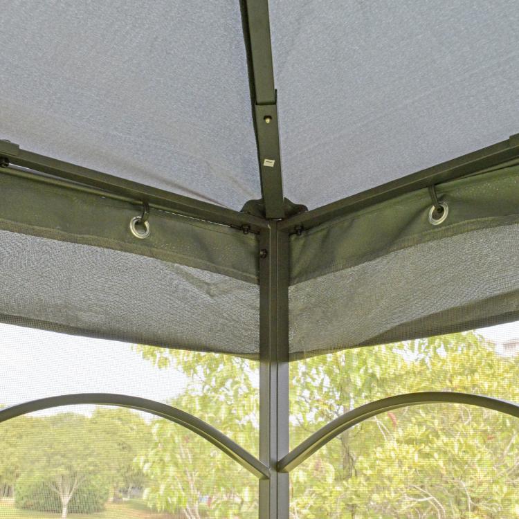 Gray gazebo canopy corner with steel frame and hanging mesh curtains