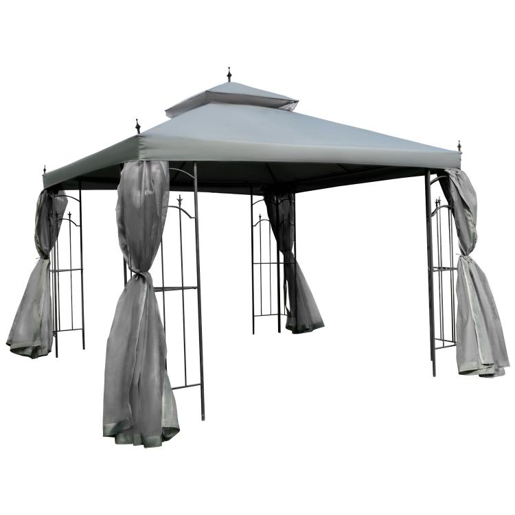 Gray outdoor gazebo canopy with steel frame and removable mesh curtains
