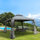 Gray outdoor gazebo canopy with mesh curtain panels draped on the sides
