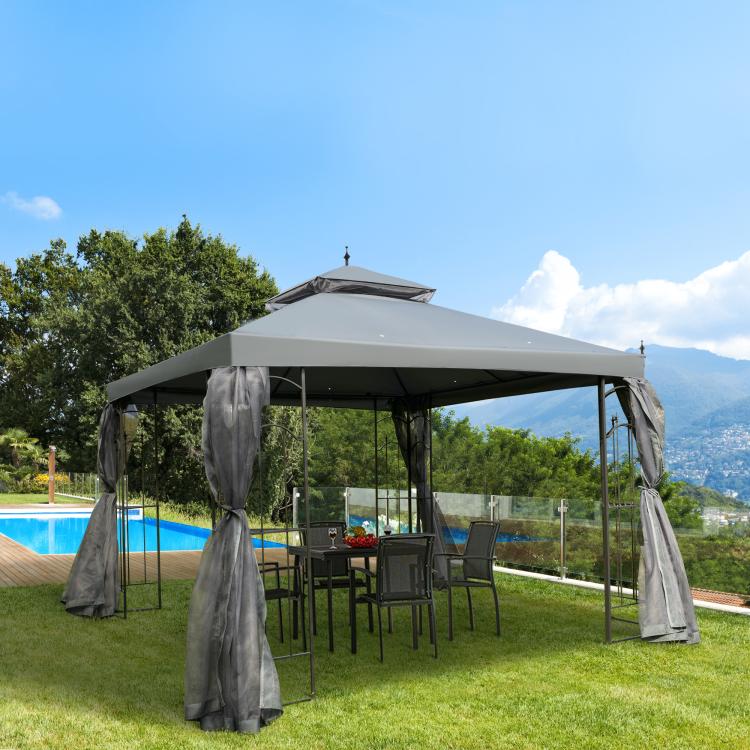 Gray outdoor gazebo canopy with mesh curtain panels draped on the sides