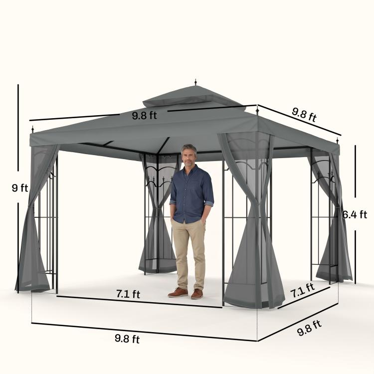 Gray steel gazebo canopy with removable mesh curtains, size diagram with person for scale