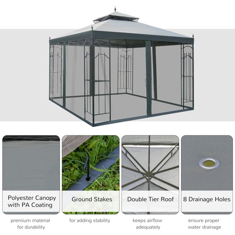 Gray steel outdoor gazebo with roof canopy and transparent mesh curtain walls