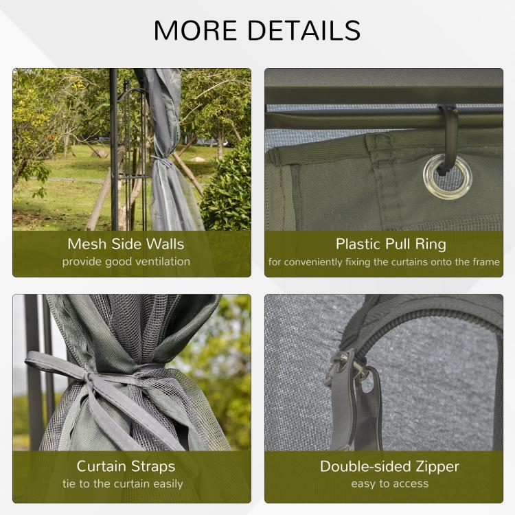 Removable mesh side wall with curtain tie straps and double-sided zipper on gray canopy